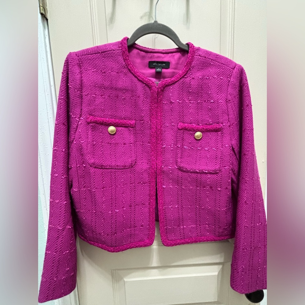 Ann Taylor Fuchsia Tweed Blazer with Gold Accents